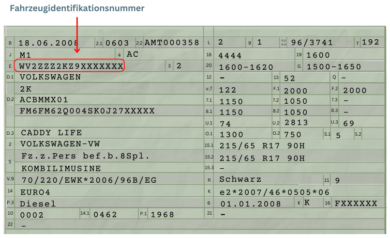 Bild vom Fahrzeugschein mit Hervorhebung der Fahrzeugidentifikationsnummer