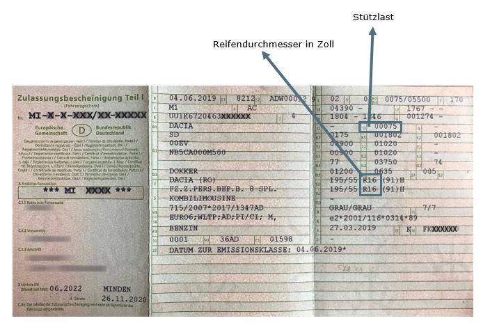 Image German vehicle registration document with highlighting of tire diameter specification and drawbar load