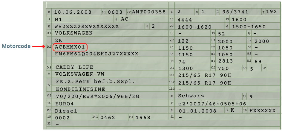 Abbildung des Motorcodes im Fahrzeugschein.